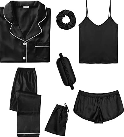 SWOMOG Damen Seide Satin Pyjamas Sets 7pcs Nachtwäsche Sexy Cami Shorts Set und Button Down Kurzarm Satin Pjs Schwarz XXL