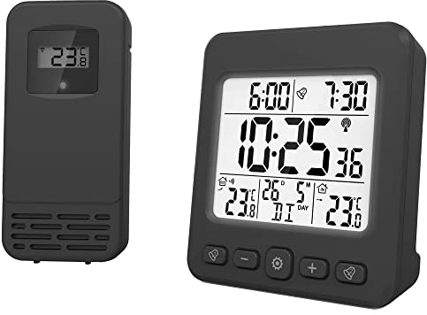 Miraval LCD Funk-Wetterstation mit Außensensor Wecker Funkuhr Kalender Datum 2 Alarme Bleuchteter Display (Schwarz)