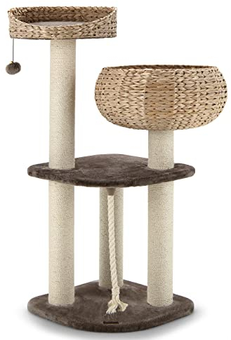COSTWAY Árbol para Gatos de Interior con Posaderos, Camas con Forma de Cesta Hechas a Mano, Pelota Juguete Colgando y Cuerda, Palos Rascadores Envueltos en Sisal Natural para Gatos (Marrón)