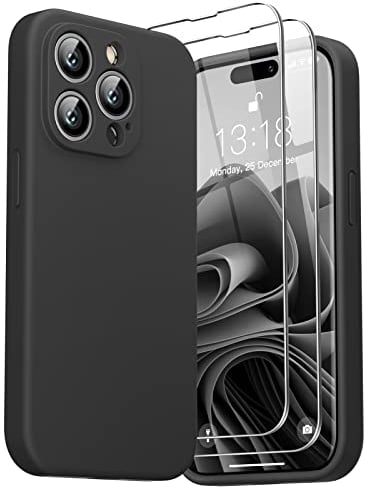 GOODVISH 3 in 1 Hülle Kompatibel mit iPhone 14 Pro - mit 2 Stück Schutzfolie | Liquid Silikon Handyhülle | Kameraschutz und Bildschirmschutz | Rundumschutz stoßfeste Case für 14 Pro (6,1) | Schwarz