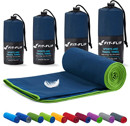 Fit-Flip Mikrofaser Handtuch - kompakt, leicht und schnelltrocknend - Microfaser Handtücher - als Reisehandtuch, Sporthandtuch, Strandtuch und Badetuch groß (50x110cm, Marineblau - Grün)