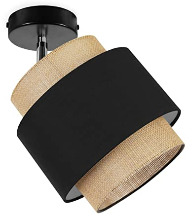 Light-Home Boho Deckenbeleuchtung - Rattan Lampe - Deckenlampe Industrial für Wohnzimmer Schlafzimmer und Esszimmer - Pendelleuchte aus Metall und Stoff - 1-Flammig - Schwarz und Jute