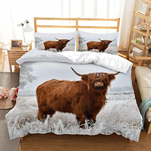 Hochlandrinder Bettwäsche 135×200 Weiche Mikrofaser 3D Druck Braune Langhornkuh Bettbezug mit Reißverschluss Für Kinder Zimmer Dekor Jungen Mädchen 3 Teilig Bettwäsche Set mit 2 Kissenbezüge 80×80 cm
