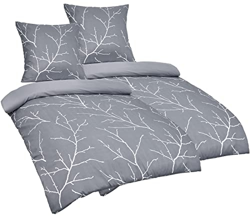 PHF 4teilig Bettwäsche 135x200, Zweig Bettbezüge 135x200 cm mit 2er Kissenbezüge 80x80 cm, Weich und Bügelfrei Bettwäsche 135x200cm aus Mikrofaser mit Reißverschluss, Grau