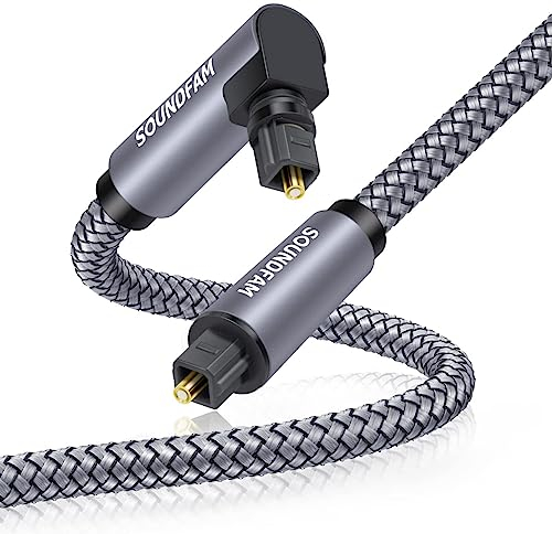SOUNDFAM Cavo Audio Digitale Ottico 5m - Connettore a 90°, Intrecciato, Scocca Metallica - Grigio Singolo a 90° Toslink
