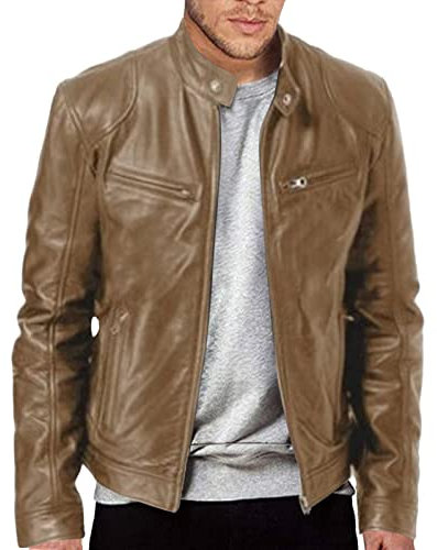 Men's Leather Biker Jacket - Vintage Leather Jacket Men Motorcycle - Stand Collar Distressed Leather Bomber Jacket Men