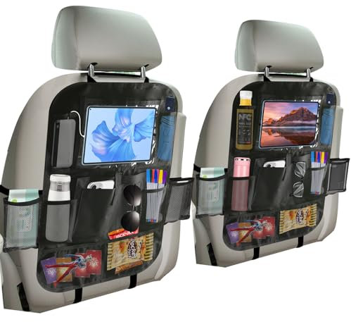 CHWNIBAY 2 Pezzi Protezione Sedile Auto Bambini Posteriore, Organizer Auto Copri Sedile con 12 Tasche, Portaoggetti Auto per Tablet iPad 10'', Auto Bambini Accessori