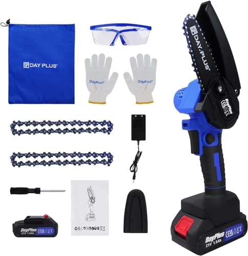 Scie à chaîne sans fil Mini Tronçonneuse A Batterie,Scie électrique Portable à Une Main De 4 '',les branches,l'élagage et la coupe du bois(2 Chaînes, 1 Batterie, Lunettes, Gants de Sécurité,etc.)
