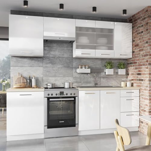 INOBA home Küche VASA 240 cm Weiß Hochglanz Küchenzeile Küchenmöbel Küchenblock Küchenschränke Soft-Close Funktion