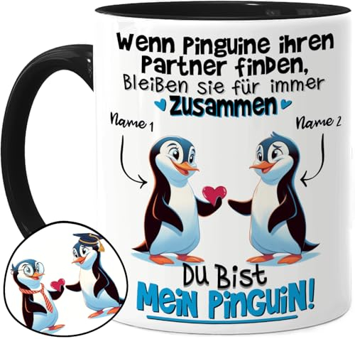 Tassenliebling® Paar Tasse personalisiert - Schwarz - Wenn Pinguine ihren Partner finden - Süßes Pärchen Geschenk für ihn zum Jahrestag - Liebesgeschenke Freund Ehemann - Valentinstag - 330ml Keramik