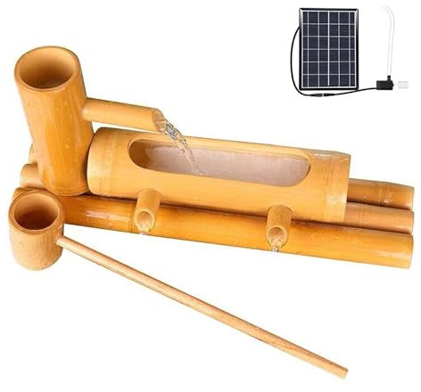 Décoration de Fontaine Solaire En Bambou Pour Jardin Zen, Patio Intérieur Et Extérieur, Bambou Naturel Incassable, Kit de Fontaine D'Étang D'Arrière-Cour,D