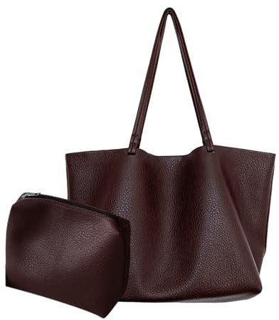 Handtaschen Damen 2 teiliges Set Damen PU Leder Shopper Tote Bag Tasche mit Pouch Bag Schultertasche mit Große Kapazität für Mädchen 2 Stück koffee