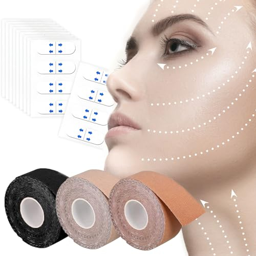 3 Stück Face Lifting Tape mit 80 Unsichtbar Facelifting Aufkleber-Set, Multifunktional Face Tape, Anti-Wrinkle Patches, Myofasziales Gesichtstraffungsband für Straffung und Straffung der Haut