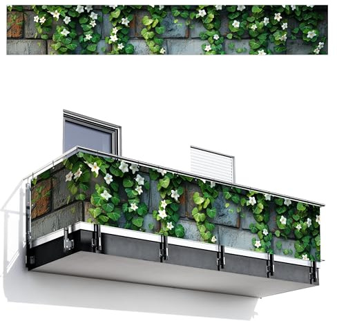 MuchoWow© Balkongeländer Sichtschutz Einseitig Groß PVC Garten Windschutz | 75x500 cm - Seitlich ohne bohren Wetterfest Zaunsichtschutz Terrasse Balkon Abdeckung Pflanzen - Wand - Grün - Blumen