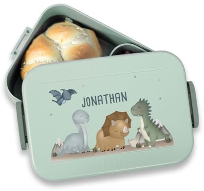 hellomini Mepal Brotdose - Personalisiert - Brotdose Kinder mit Fächern - Snackbox mit Fächern - Lunchbox, Bento Box Geschenk zu Einschulung - Einschulungsgeschenk (Dinowelt, Grün)