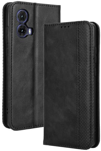 HAOYE Leather Folio Funda para Motorola Moto G85 5G, PU + TPU Flip Carcasa de Cuero Libro Protector con Magnético y Ranuras para Tarjetas y Plegable de Soporte, Negro