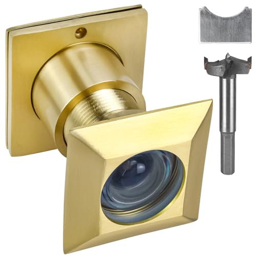 Earl Diamond Solid Brass Square HD 220 Degree Door Viewer Peephole with 28mm Drill Bit and Privacy Cover, Compatible with Door Thick from 1-21/32 to 2-1/8, Satin Gold