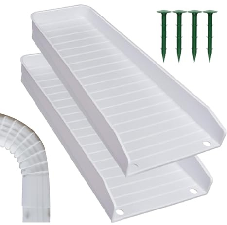 Regenwasser - Dachrinnen-Schutzschild, Rinnenschutz - Wasserableiter-Auslaufverlängerung - Spritzblock, 2 Stück mit Befestigung zur Vermeidung von Bodenschäden, Wasserumleitung, Gebäudefundament