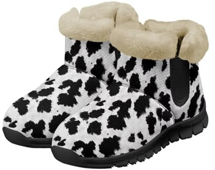 xixirimido Fuzzy-Stiefel für Damen, Winter, bequem, Plüsch, warmes Fellfutter, Schneestiefel, wasserdicht, bequem, zum Hineinschlüpfen, für Outdoor, Wandern, Wandern, Kuhfell-Print, 38.5 EU