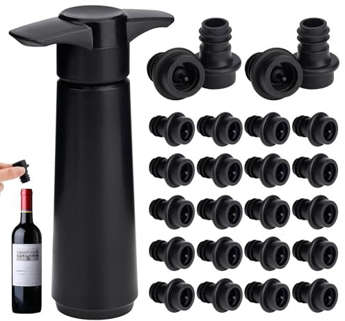 Pompe à Vide Vin avec 24 Bouchons, Bouchon Bouteille Vin Réutilisable pour Conserver la Fraîcheur Du Vin, Accessoires Vin, Noir