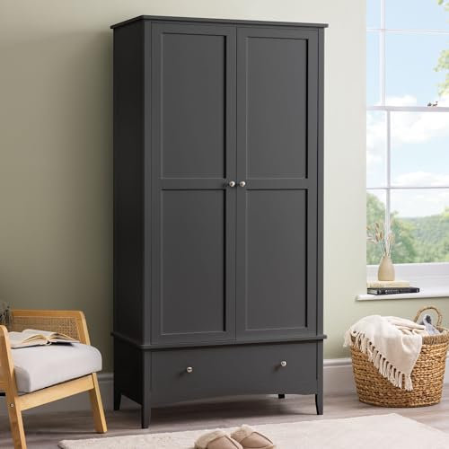 Christow Black Double Wardrobe with Drawer, 2 Door Storage Organiser Cupboard, Modern Wooden MDF Bedroom Furniture, Clothes Rail, Shelf, Brushed Chrome Handles, Soft Shut Hinges, 185cm x 94.5cm x 50cm