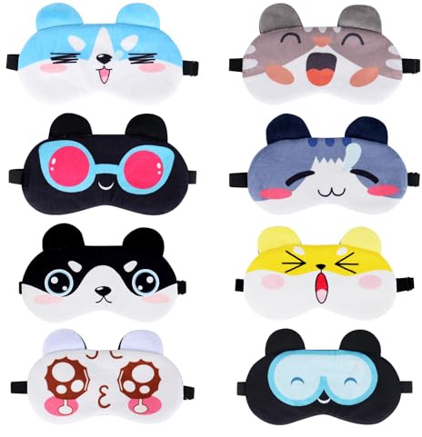 RUCUDIM Schlafmaske Kinder, 8 Stücke Niedlichen Tier Augenmaske, Ultraweich schlafmaske Frauen, Augenbinde Schlafbrille, Lustig Weiche schlafmaskes, Lichtblockierende Augenblende mit Gummiband