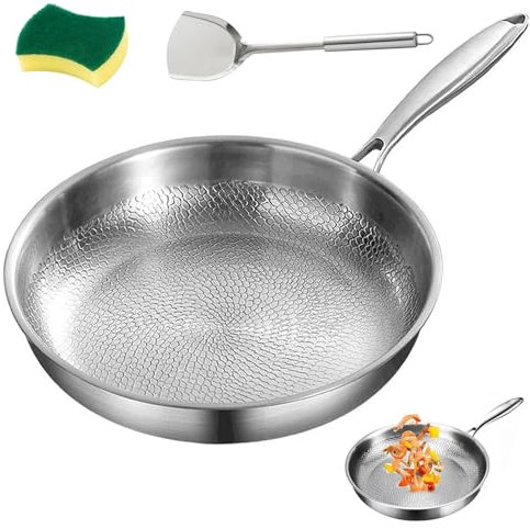 Vgpbphj Sartén de titanio martillado Pro con tapa, sartén Nutri de titanio antiadherente ultraduradera, resistente a los arañazos, sartén Nutri multifuncional para cocinar (30 cm descubierta)