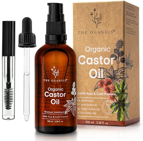 THE OGANICS® Bio Rizinusöl 100ml– 100% Rein & Kaltgepresst – Haaröl & Wimpernserum –Wimpern, Augenbrauen, Haare, Bart & Nägel –Vegan - hexanfrei– Castor Oil Glasflasche+Pumpe+Pipette+Mascara-set