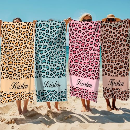Solutra Personalisiert Strandtuch Badetuch mit Namen, Mikrofaser Handtuch Personalisiert Geschenke, Schnell Trocknendes Leichtes Strandhandtuch für Erwachsene Kinder(Leopardenmuster)