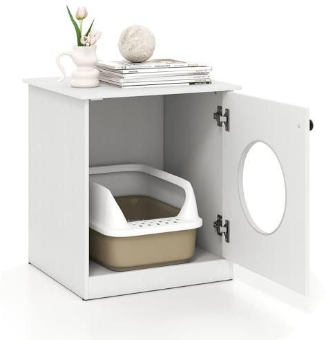 GYMAX mobiler Katzenstreuschrank, Katzenhöhle mit kreisförmiger Öffnung, Tragegriff & rutschfeste Füße, Katzen-Wohnschrank für Toilette & Ruhestätte, Weiß