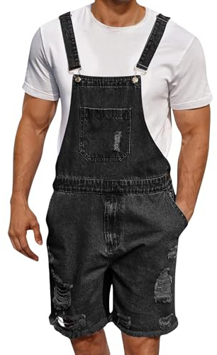 Felcia Denim Overalls for Men Jean Shorts Adjustable Straps Jumpsuit Loose Fit Work Bibs Coveralls with Pockets 2025 (B-Black, 2XL)