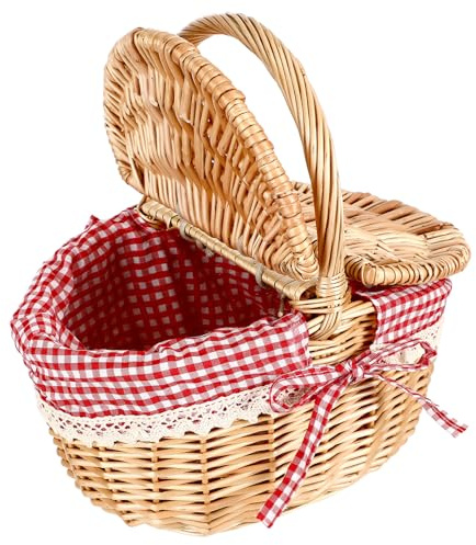 Garneck Handlicher Picknickkorb aus Geflochtenem Weidenkorb mit Doppeltem Deckel Natürlicher Obst und Lebensmittelkorb für Camping Outdoor Familienausflüge und Wein Festivals