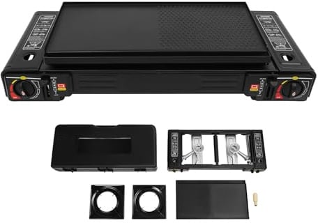 ROGONPDK 2 Flammig Campingkocher, Tragbarer Camping Grill Gas Stove, Outdoor Camping Gas Kocher, Grillplatte Tischgrill Koffer, Aluminium Tischgrill GasHerd, für Grillpartys auf der Terrasse