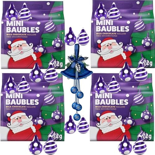 Chocolate Bundle with Mini Baubles – Milk Chocolate Hollow Tree Decorations 72g (4 Pack) – Festive Christmas Treats & Hanging Ornaments