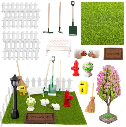 21 Stück Miniatur Garten Zubehör, Wichtel Zubehör Puppenhaus Zubehör | Wichtel Garten Set Mit Gras, Stühle, Werkzeug, Zaun, Mülltonne, Hydrant, Blumenbeet, Kreppmyrte, Besen, Teppich, Schafe