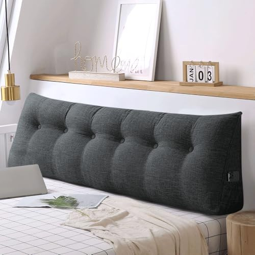 XUANYU Rückenkissen 180 cm Breit - Lesekissen für Bett und Sofa Keilkissen Rückenpolster Kissen mit Waschbarem Bezug und Praktischem Seitenfach (Dunkelgrau 180 cm)