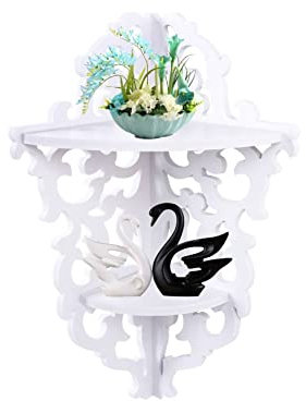 Zerone Eckregal, 2 Ebenen Eckregal Geschnitzt Weiß Wandregal mit Geschnitzt Eckablage Badregal für Schlafzimmer Wohnzimmer Büro