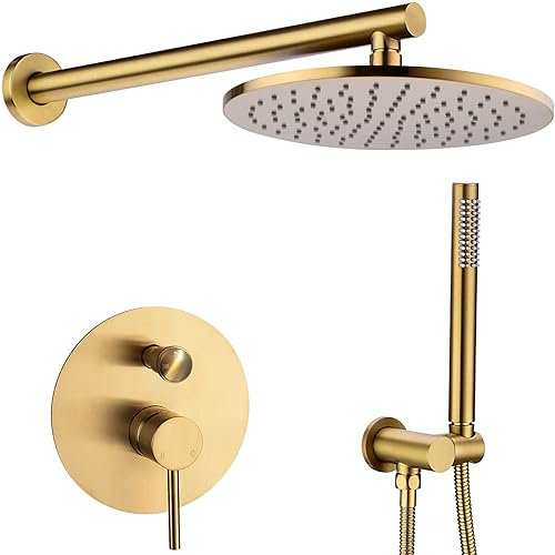 Ensemble de mitigeur de pluie rond de luxe pour salle de bain avec système de pommeau de douche à effet pluie Chromé poli (comprend le corps et la garniture de robinet brut) 10 Inch Set Or brossé