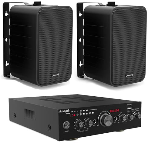 Audibax Equipo Karaoke Miami con Altavoces PR-42 - Amplificador de Audio HiFi - Altavoces Pasivos Incluidos - Conexión Bluetooth - Potencia de 100W + 100W - Amplificador con Reproductor MP3 y Radio FM