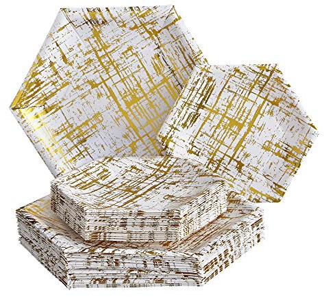 PARTY DISPOSABLE 36 PC DINNERWARE SET | 18 Dinner Plates | 18 Side Plates | Heavyweight Paper Plates | Hexagon Design | for Upscale Wedding and Dining (Arctic Collection – Gold)