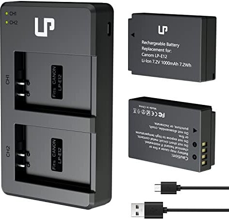 LP-E12 Battery Charger Pack, LP 2-Pack Battery & Dual Slot Charger, Compatible with Canon EOS M100, M50, M10, M2, M, Rebel SL1, 100D, PowerShot SX70 HS, Kiss M, Kiss X7 & More