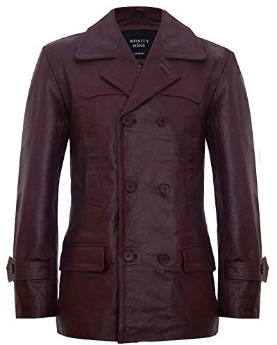 Mens Burgundy Cow Hide Leather Jacket Dr Who Naval German Pea Coat S