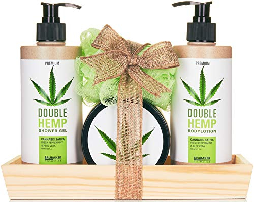 BRUBAKER Cosmetics Hanföl Dusch- und Pflege Set frische Minze & Aloe Vera mit Deko Tablett aus Holz