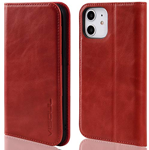 VISOUL Case for iPhone 12 Mini,Genuine Leather Wallet Case with RFID Blocking, TPU Shell, Kickstand, Card Holder, Folio Cover Compatible with iPhone 12 Mini, 5.4 Red