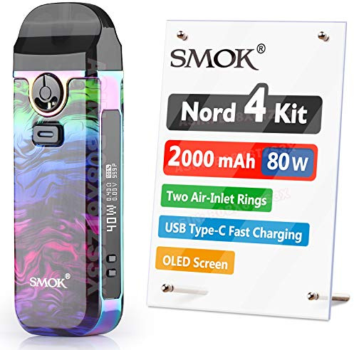 SMOK Nord 4 Vaping Kit 80W 2000mAh, E Cigarette Vape Starter Kit | Airflow Control, OLED display, Type-C fast Charging, and RPM Mesh 0.4ohm coil. 2ml No Nicotine. Fluid 7-Color
