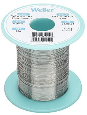 Weller WSW sac M1 (T0051386570) Filo Saldante, Ø 0.2mm, 10g, Lega Sn96.5Ag3.0Cu0.5, Contenuto di Fondente 3,5%, Silver