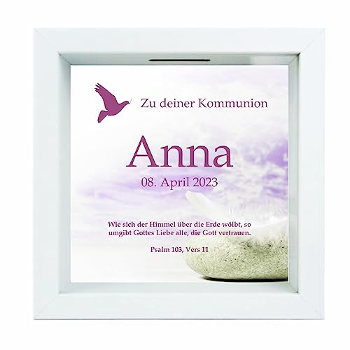4you Design Bilderrahmen, Spardose personalisiert mit Namen und Datum – Motiv Taube Pink – Geschenk für Jungen & Mädchen zur Kommunion – 3D-Sparbüchse für Kinder – 18x18x5cm