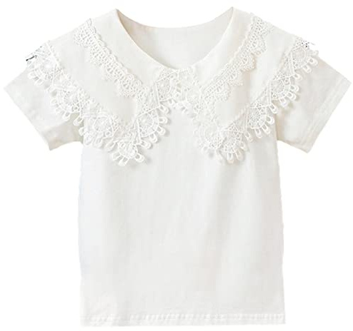 aromm Blusa Manga Corta para Niña Pequeños Tops de Algodón Uniforme Escolar Camisa Encaje Bordado Cuello de Muñeca