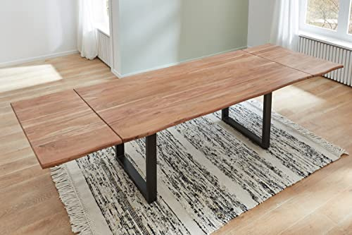 SAM Esstisch Norino 180(280) x90 cm Akazie Stone Baumkante U schwarz | Baumkantentisch massiv, Akazienholz stonefarben lackiert, ausziehbar, inkl. 2 Ansteckplatten, Metallgestell, Esszimmertisch