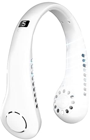 MOREASE Neck Fan, Portable Neck Fan Rechargeable Personal Fan, 3000mAh USB Wearable Hands Free Fan, 4+1 Speeds Cooling Fans, Leafless Hanging Bladeless Mini Neck Fan for Women Men Outdoor (W+)